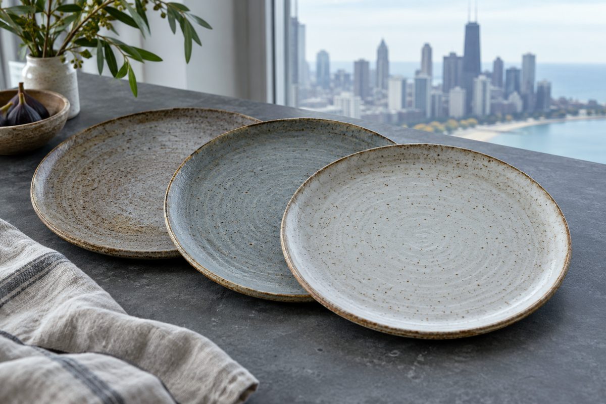 Three stoneware dinner plates arranged in an overlapping row showing natural matte glaze variations