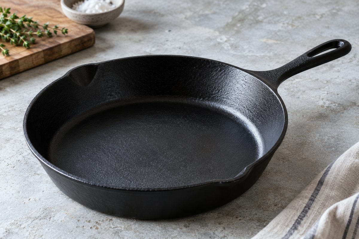 Ten-inch enameled cast iron skillet angled to show interior basin depth and helper handle