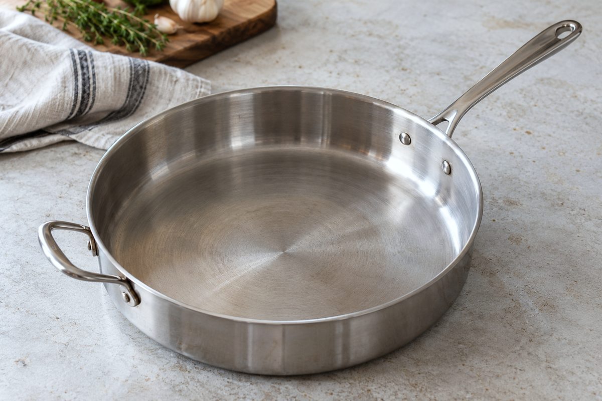 Overhead view of heavy 8-quart stainless steel stockpot displaying internal measurement markings