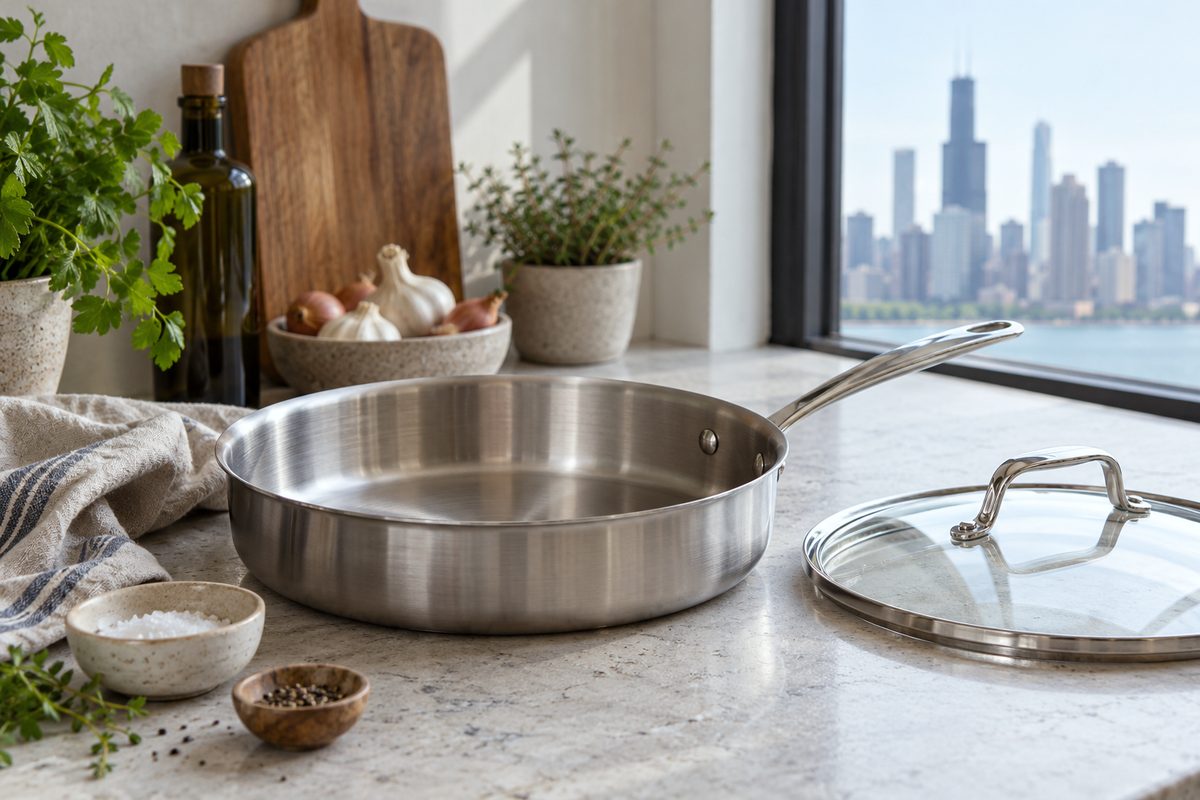 Three-ply stainless steel sauté pan with glass lid and hollow cast steel handle