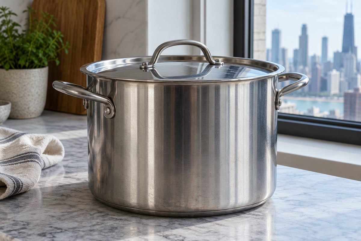 Eight-quart stainless steel stockpot with riveted handles on a light gray ground