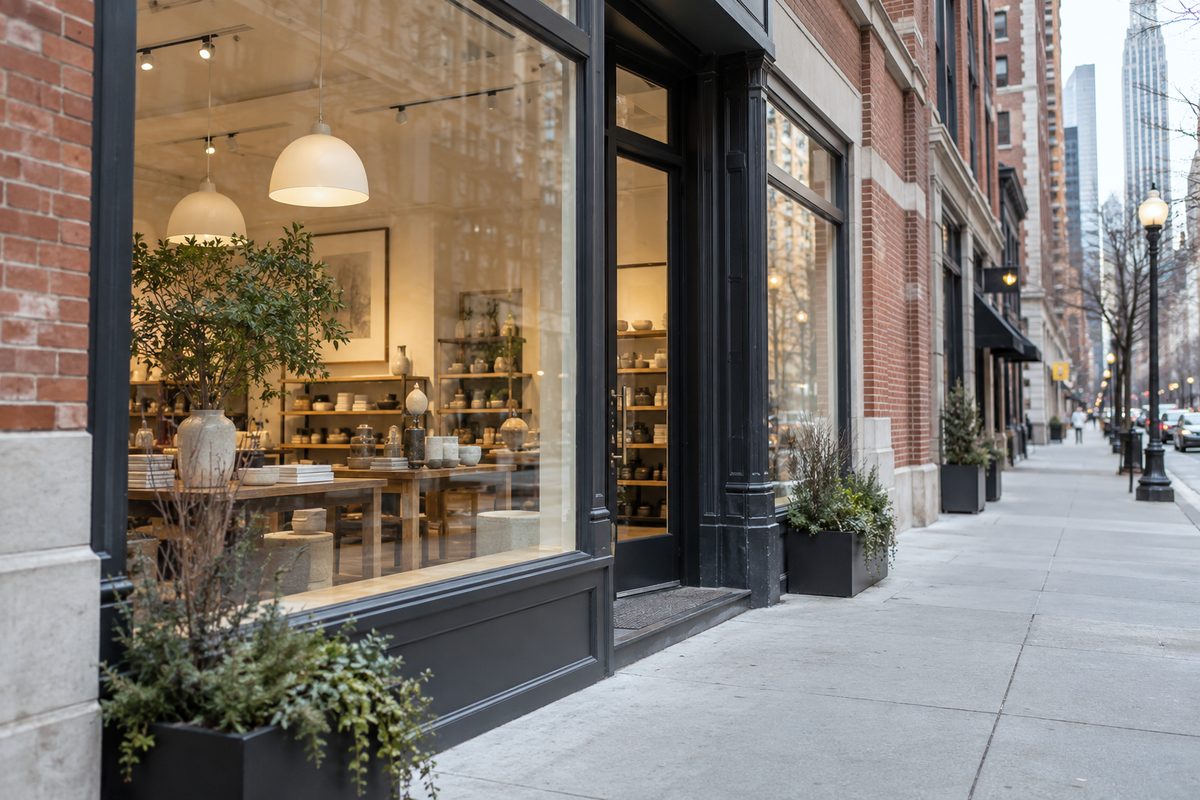 Storefront facade and display window at four hundred East Monroe Street in Chicago