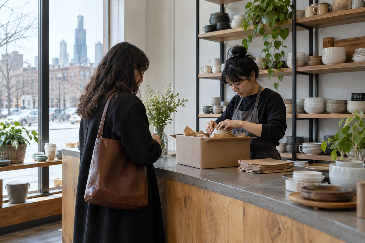 Customer collection counter and packaging station inside Dish House Chicago