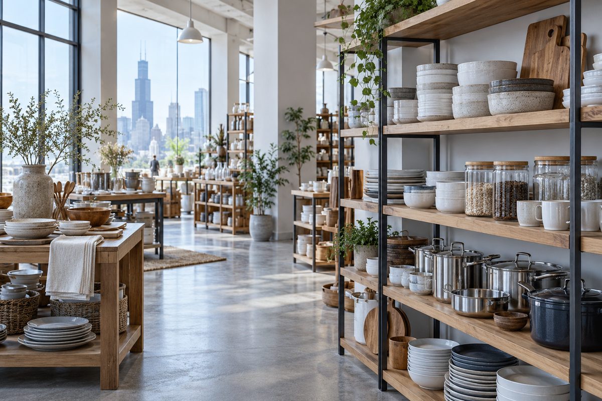 Stocked wooden display shelves inside Dish House retail showroom on Monroe Street in Chicago