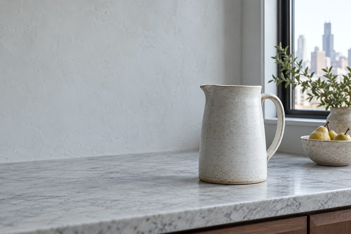 Dish House matte ceramic pitcher standing on a pale shelf under diffused daylight
