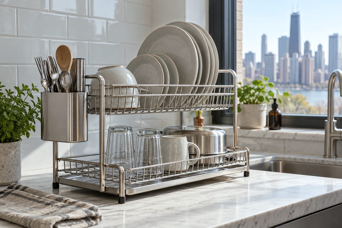 Two-tier stainless steel dish drying rack with drain tray on kitchen counter