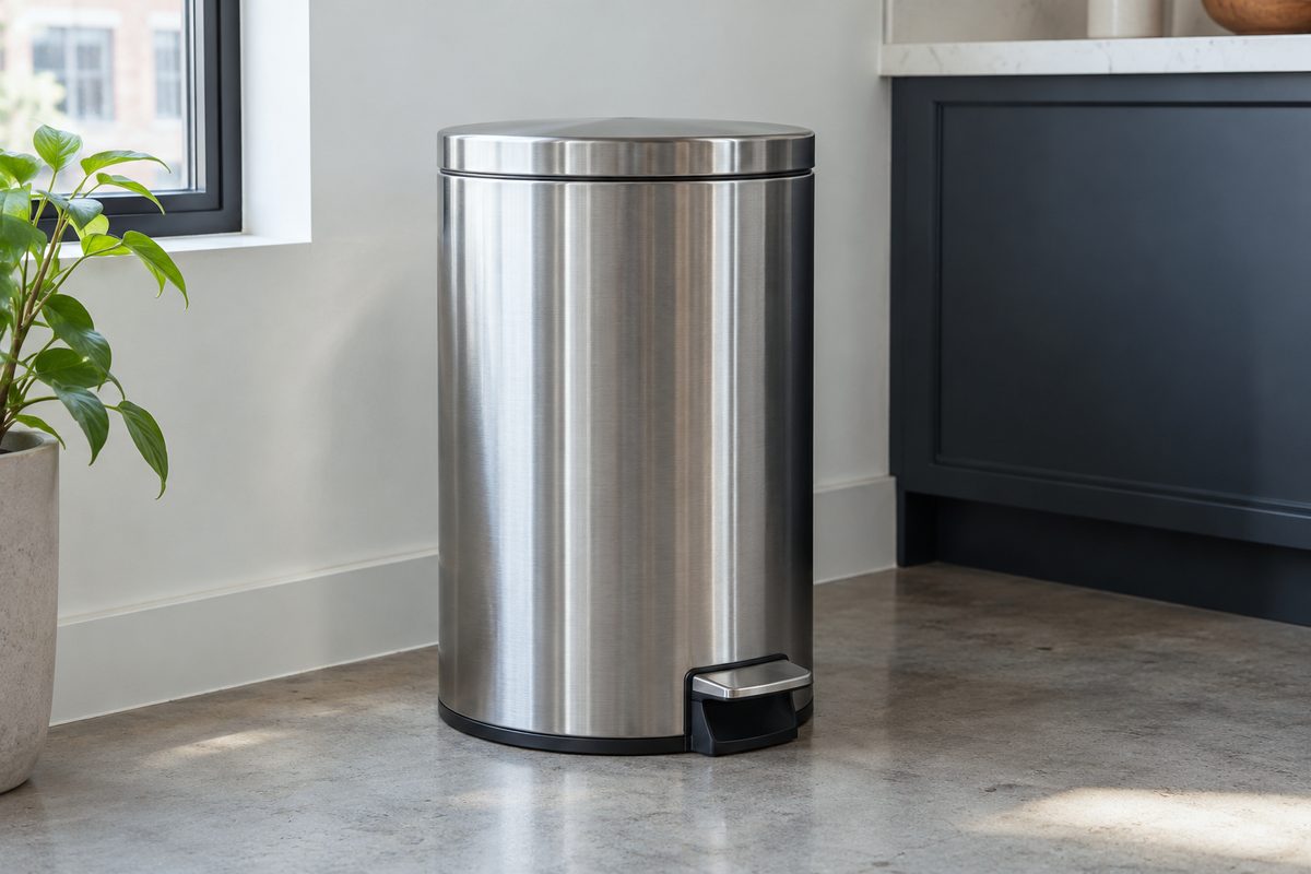 Thirty-liter brushed stainless steel pedal waste bin with soft-closing lid