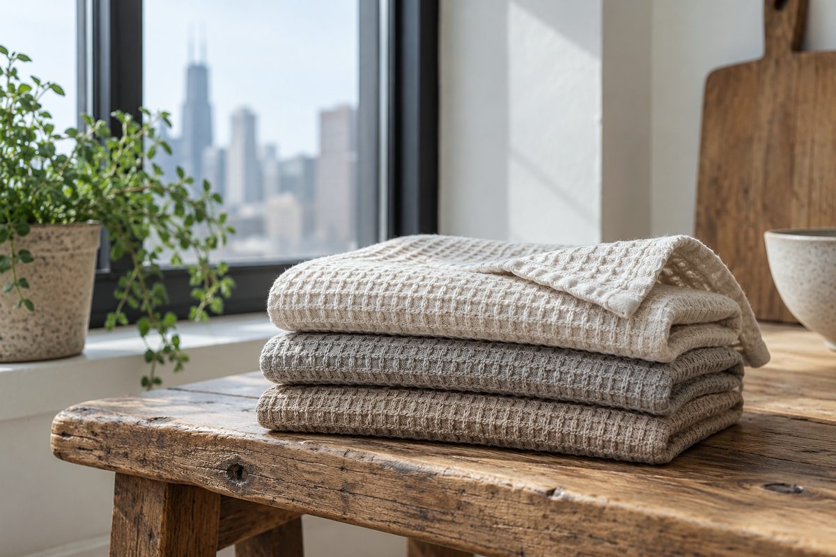 Stack of three textured waffle-weave linen kitchen towels on a wooden surface