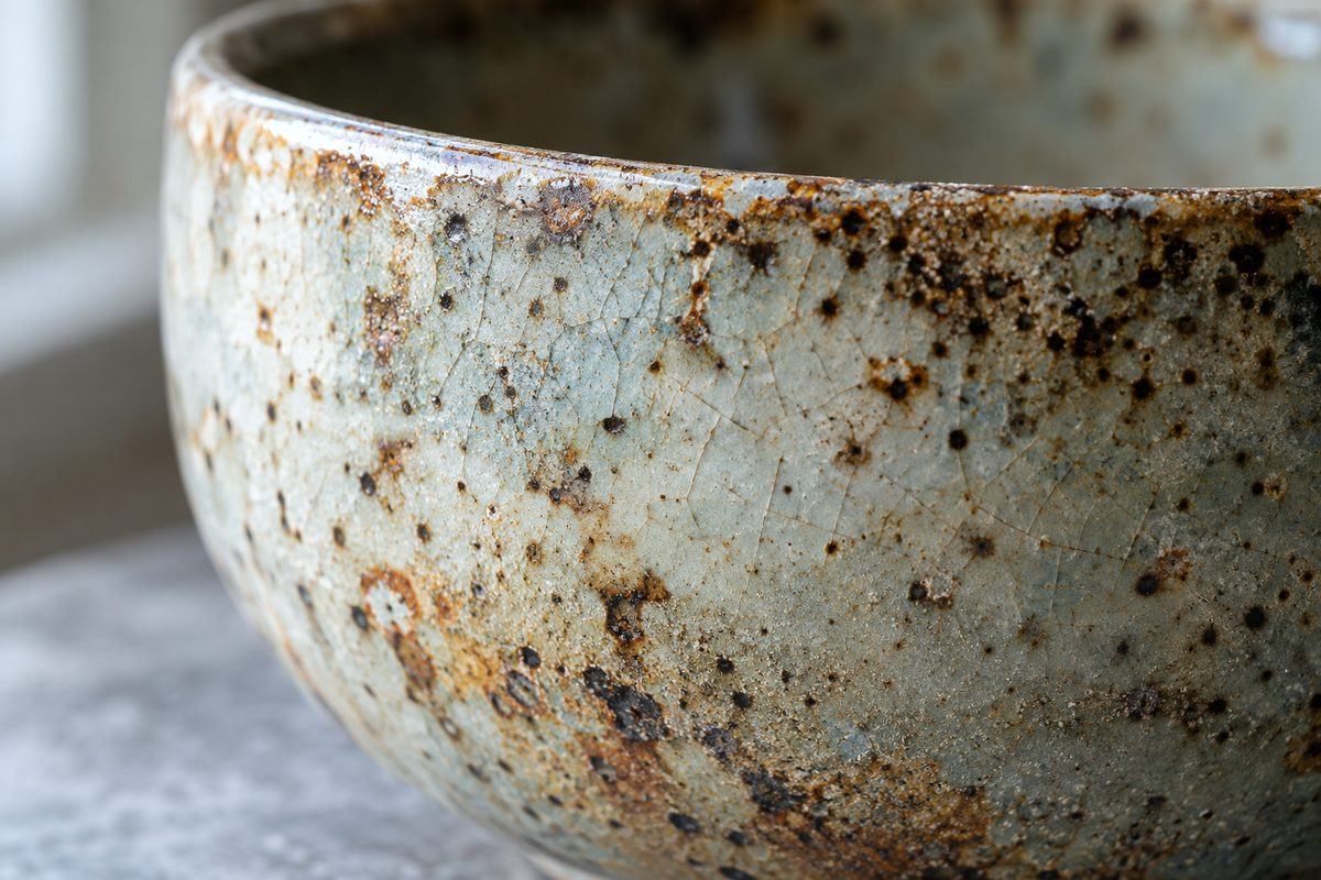 High-magnification view of natural mineral glaze texture on stoneware pottery