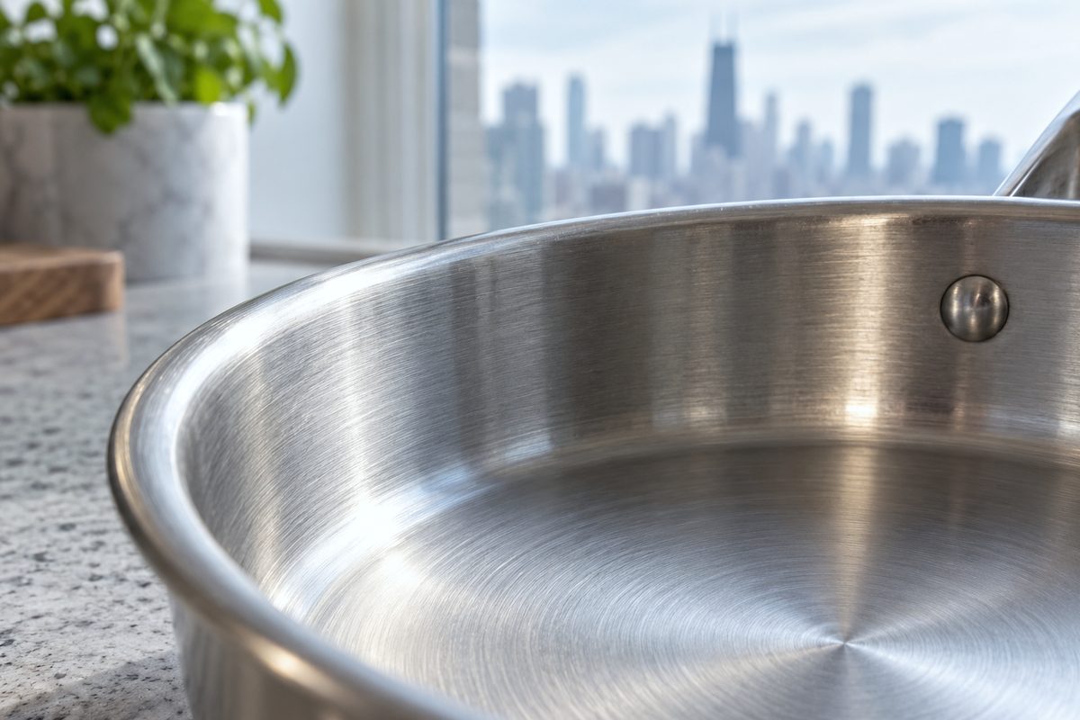 Close-up detail of circular brushed grain on an eighteen-ten stainless steel pan rim