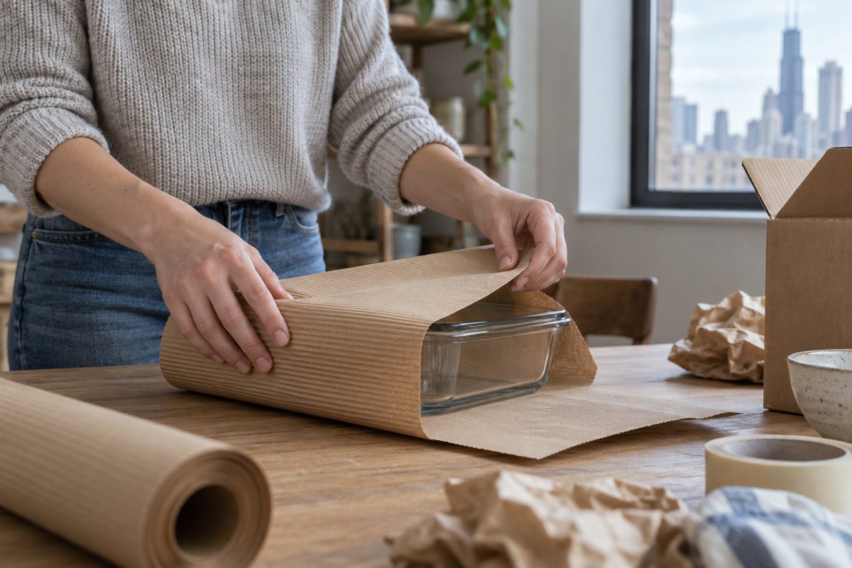 Packing associate wrapping glassware in recyclable corrugated paper for pickup