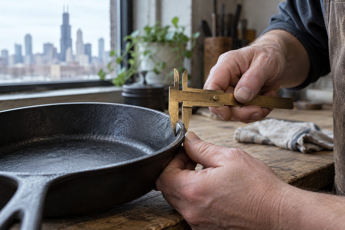 Retail associate hands measuring the edge wall thickness of a cast iron skillet