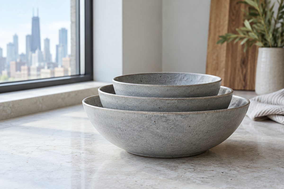 Three nested stoneware coupe bowls displaying smooth glaze on pale stone