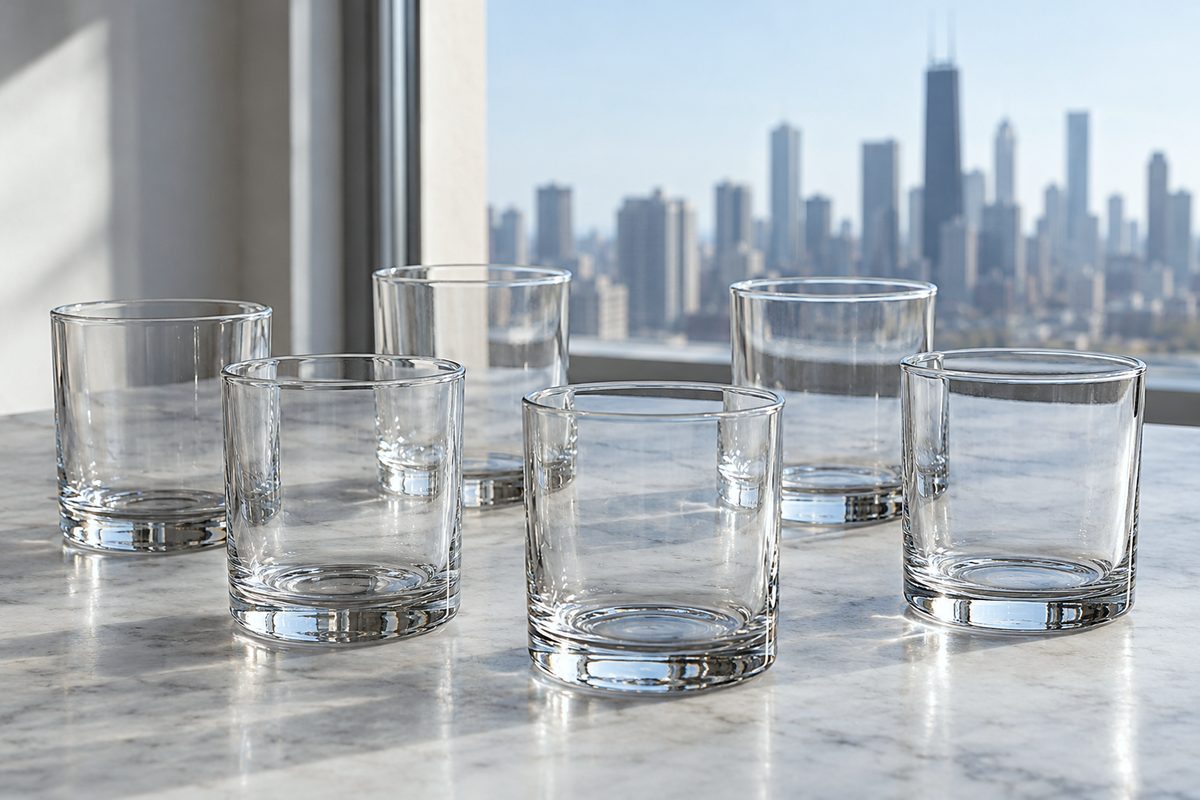 Six weighted-base glass tumblers standing on a cool light gray surface